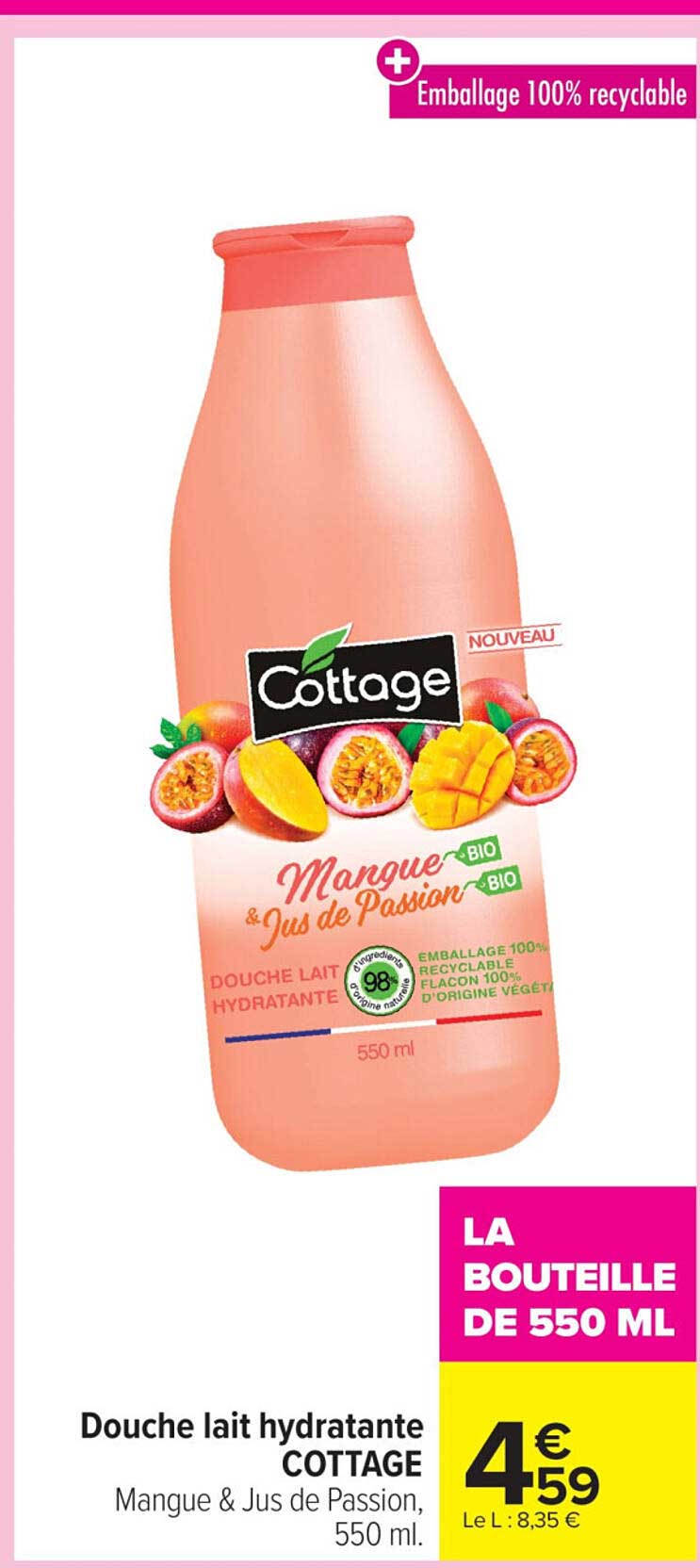Douche lait hydratante COTTAGE Mangue & Jus de Passion, 550 ml.