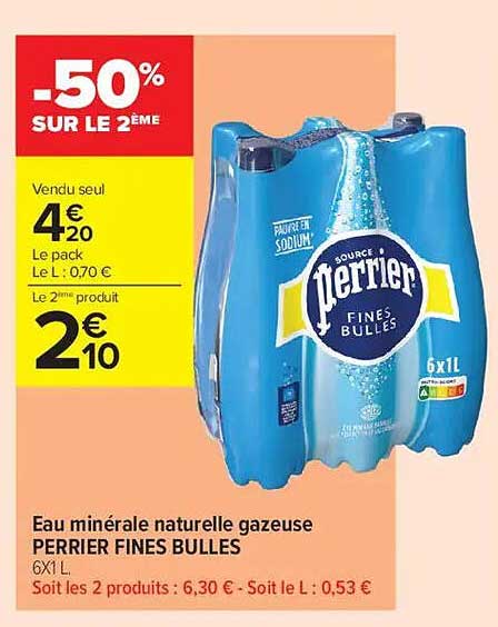 Eau minérale naturelle gazeuse PERRIER FINES BULLES 6x1L