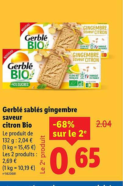 Gerblé sablés gingembre saveur citron Bio