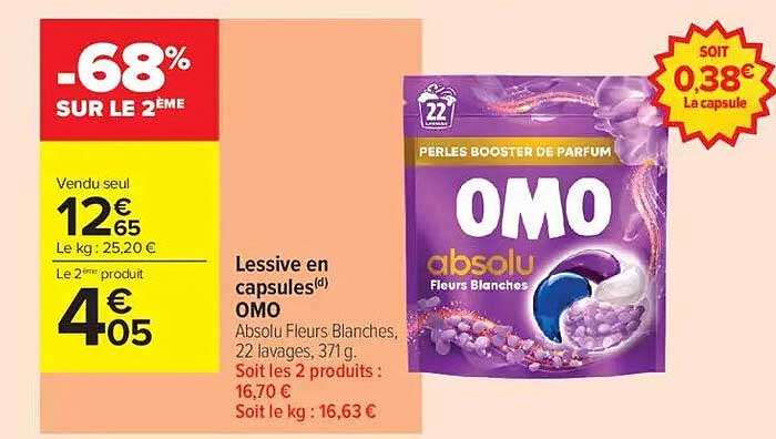 Lessive en capsules OMO Absolu Fleurs Blanches, 22 lavages, 371 g