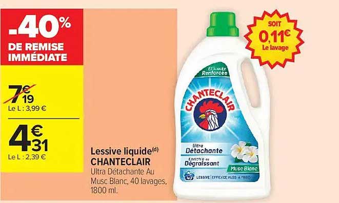 Lessive liquide Chanteclair Ultra Détachante Au Musc Blanc, 1800 ml