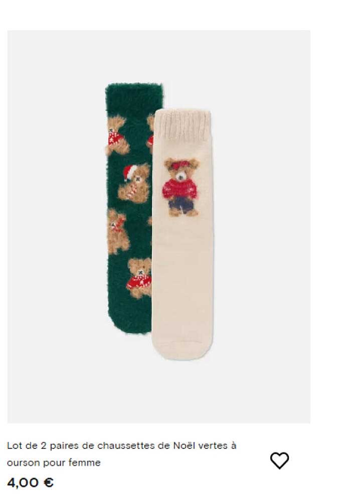 Lot de 2 paires de chaussettes de Noël vertes à ourson pour femme