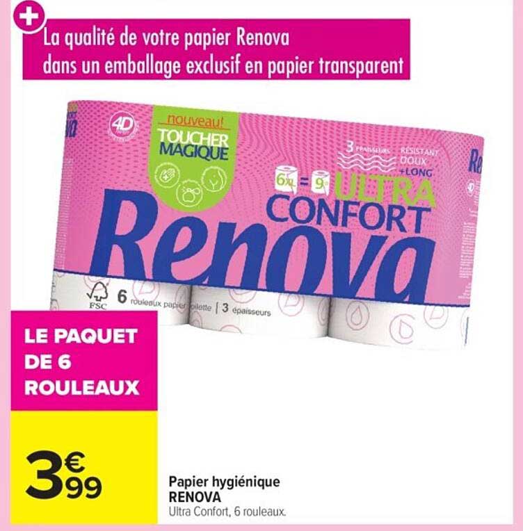 Papier hygiénique RENOVA Ultra Confort, 6 rouleaux.