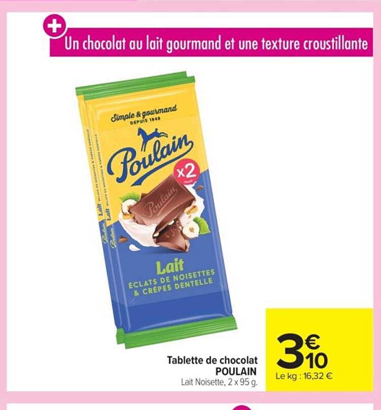 Tablette de chocolat POULAIN Lait Noisette, 2 x 95 g