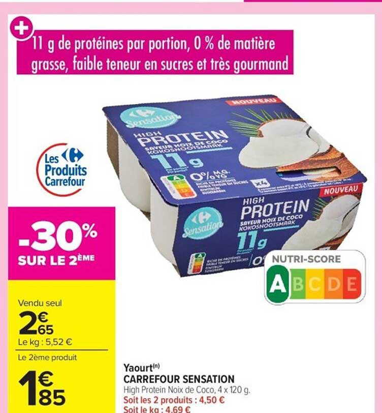 Yaourt(n) CARREFOUR SENSATION High Protein Noix de Coco, 4 x 120 g.
