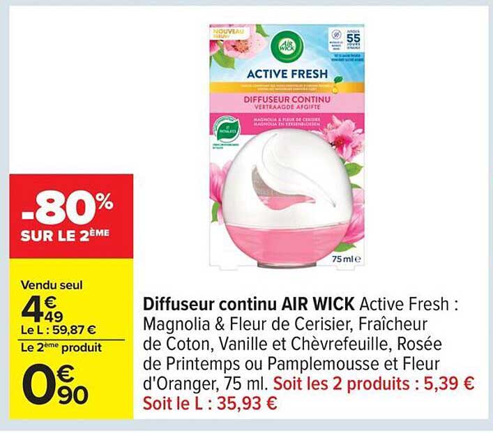 Diffuseur continu AIR WICK Active Fresh : Magnolia & Fleur de Cerisier, Fraîcheur de Coton, Vanille et Chèvrefeuille, Rosée de Printemps ou Pamplemousse et Fleur d'Oranger, 75 ml.