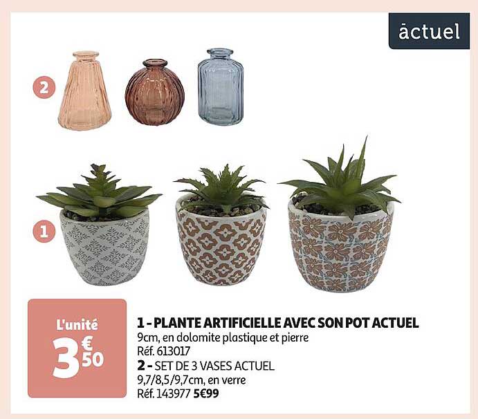 1 - PLANTE ARTIFICIELLE AVEC SON POT ACTUEL  
2 - SET DE 3 VASES ACTUEL