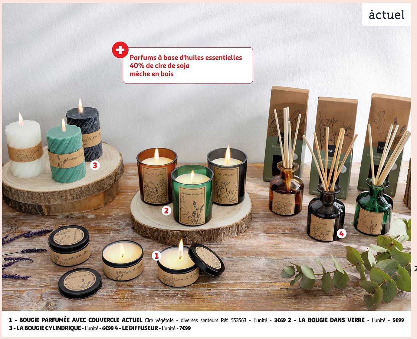 BOUGIE PARFUMÉE AVEC COUVERCLE ACTUEL  
LA BOUGIE DANS VERRE  
LA BOUGIE CYLINDRIQUE  
LE DIFFUSEUR  