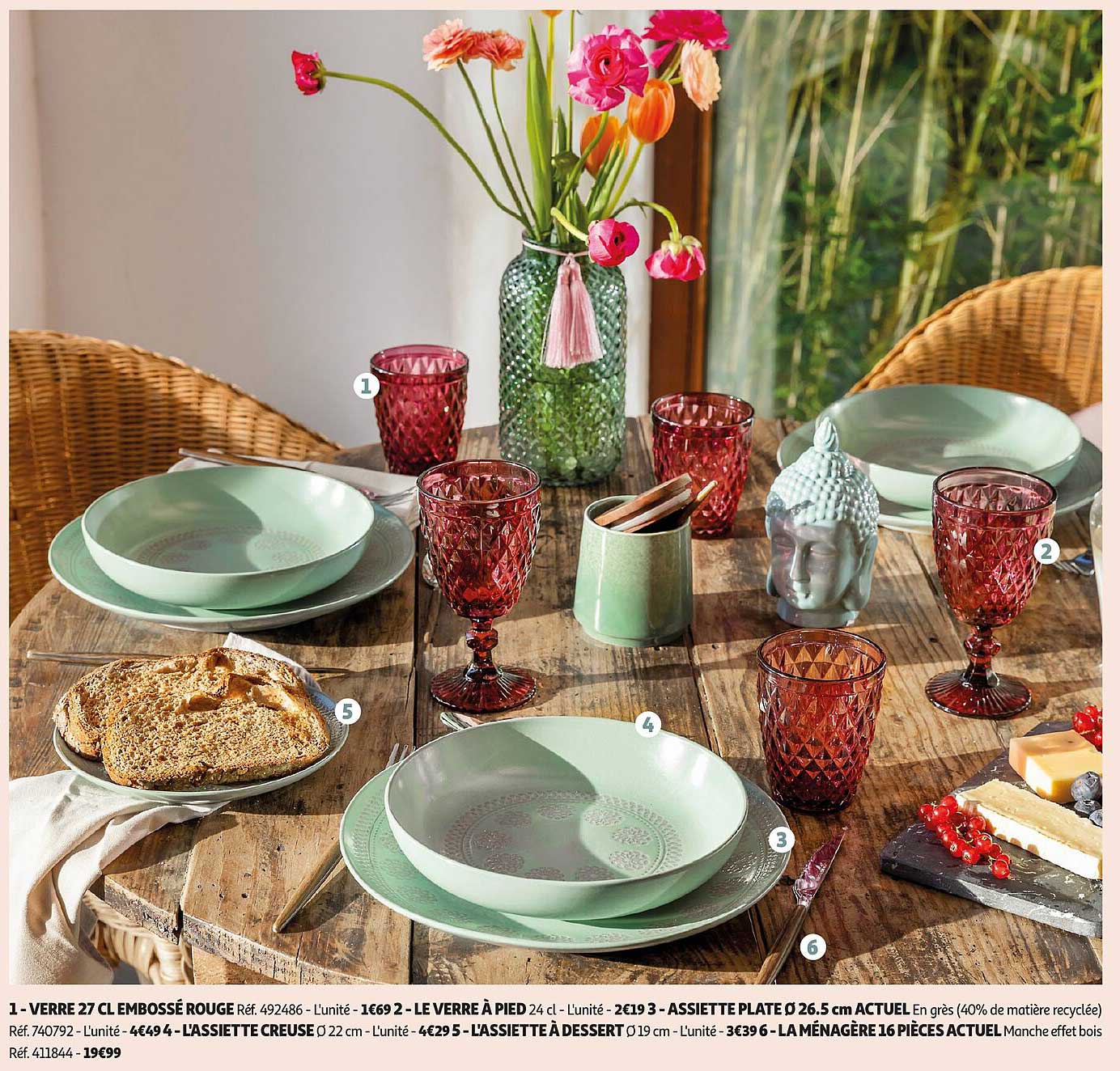 Verre 27 cl embossé rouge  
Le verre à pied 24 cl  
Assiette plate Ø 26.5 cm actuel  
Assiette creuse Ø 22 cm  
Assiette à dessert Ø 19 cm  
La ménagère 16 pièces actuel