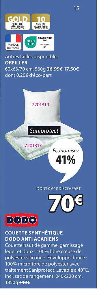 COUETTE SYNTHÉTIQUE DODO ANTI ACARIENS