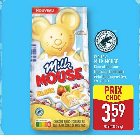 MILK MOUSE Chocolat blanc fourrage lacté aux éclats de noisettes.