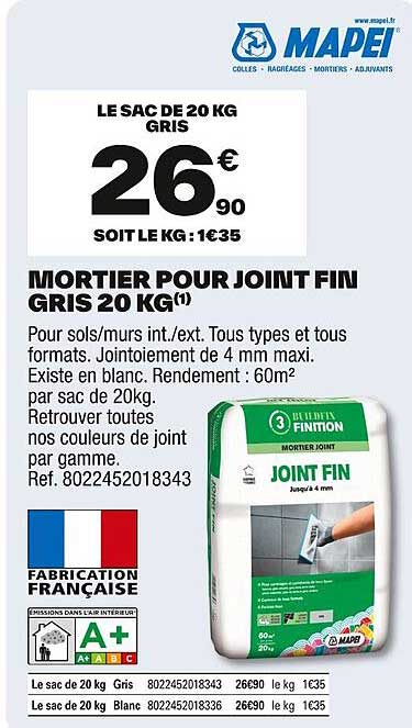 MORTIER POUR JOINT FIN GRIS 20 KG