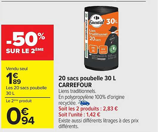 20 sacs poubelle 30 L CARREFOUR
