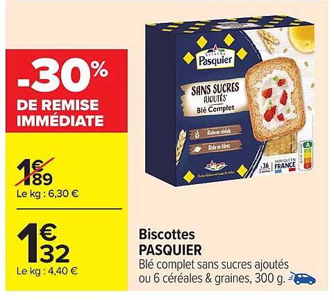 Biscottes PASQUIER Blé Complet sans sucres ajoutés