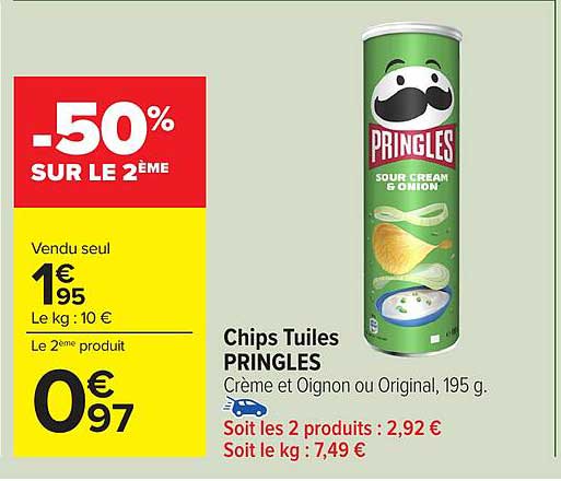 Chips Tuiles PRINGLES Crème et Oignon ou Original, 195 g.