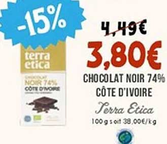 Chocolat noir 74% Côte d'Ivoire - Terra Etica