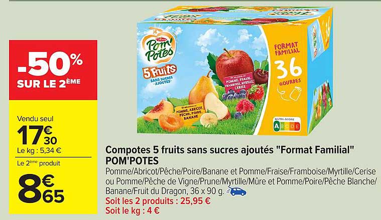 Compotes 5 fruits sans sucres ajoutés "Format Familial" POM'POTES
