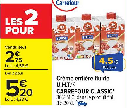 Crème entière fluide U.H.T. CARREFOUR CLASSIC'