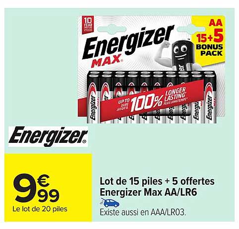 Lot de 15 piles + 5 offertes Energizer Max AA/LR6