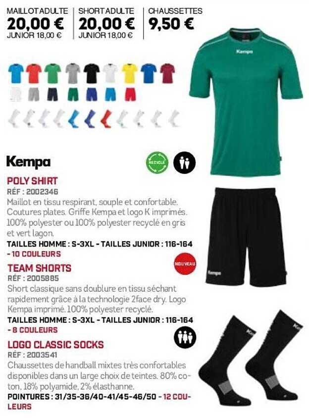 Maillot adulte 20,00 €, Short adulte 20,00 €, Chaussettes 9,50 €