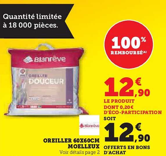 OREILLER 60X60CM MOELLEUX - 100% REMBOURSE