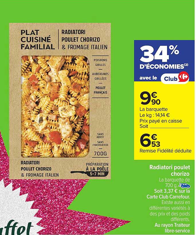 PLAT CUISINÉ FAMILIAL RADIATORI POULET CHORIZO & FROMAGE ITALIEN