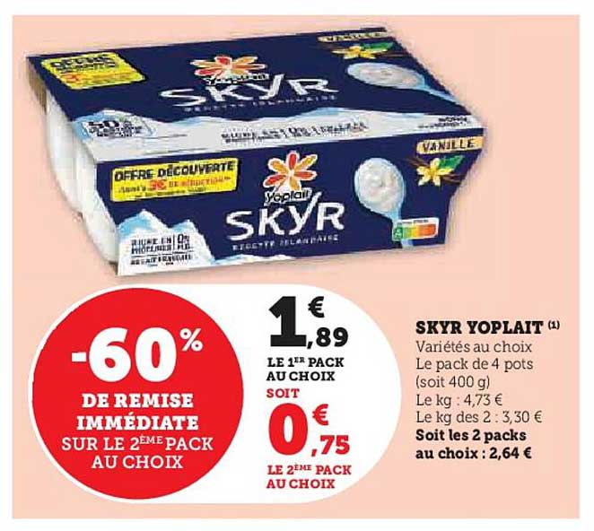 SKYR Yoplait -60% de remise immédiate sur le 2ème pack au choix