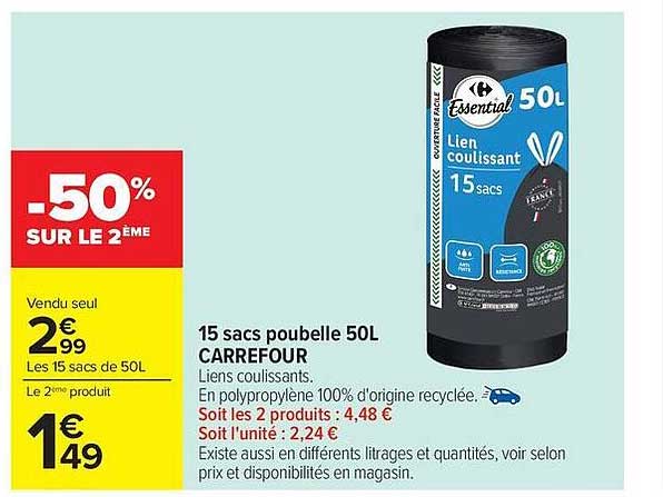 15 sacs poubelle 50L CARREFOUR