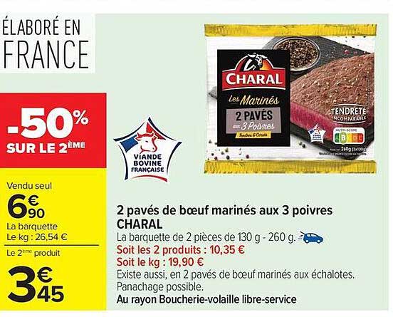 2 pavés de bœuf marinés aux 3 poivres CHARAL