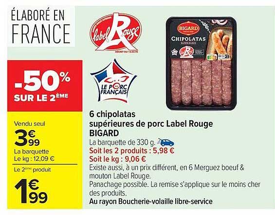 6 chipolatas supérieures de porc Label Rouge BIGARD