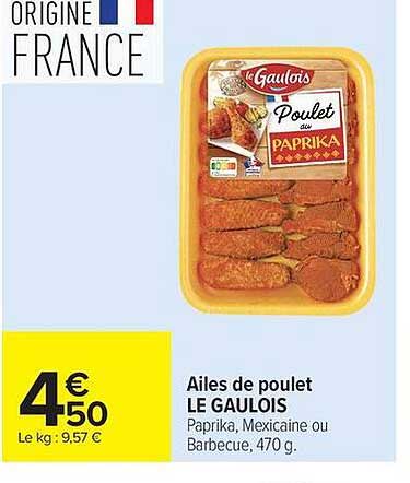 Ailes de poulet LE GAULOIS Paprika, Mexicaine ou Barbecue, 470 g.