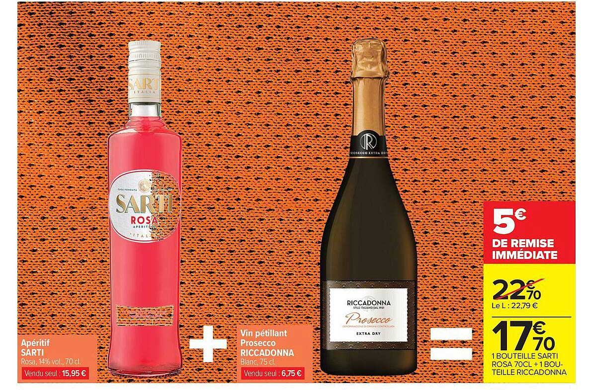 Apéritif SARTI Rosa 14% vol., 70 cl + Vin pétillant Prosecco RICCADONNA Blanc, 75 cl
