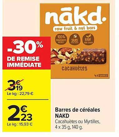 Barres de céréales NAKD Cacahuètes ou Myrtilles, 4 x 35 g, 140 g.