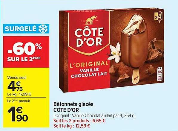 Bâtonnets glacés CÔTE D'OR L'Original : Vanille Chocolat au lait par 4, 264 g