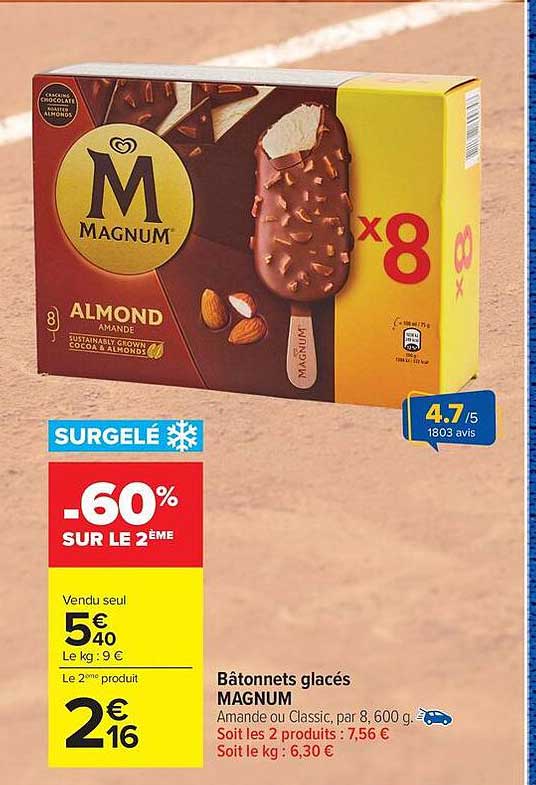 Bâtonnets glacés MAGNUM Amande ou Classic, par 8, 600 g
