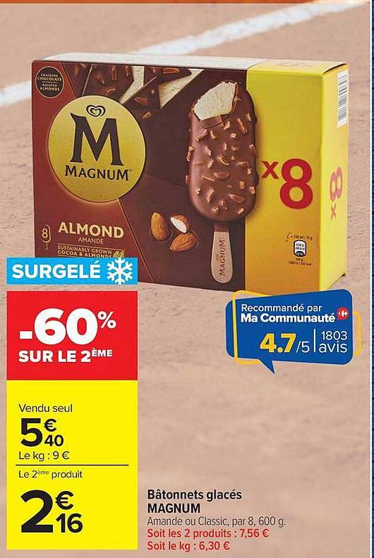 Bâtonnets glacés MAGNUM Amande ou Classic, par 8, 600 g. Soit les 2 produits : 7,56 €