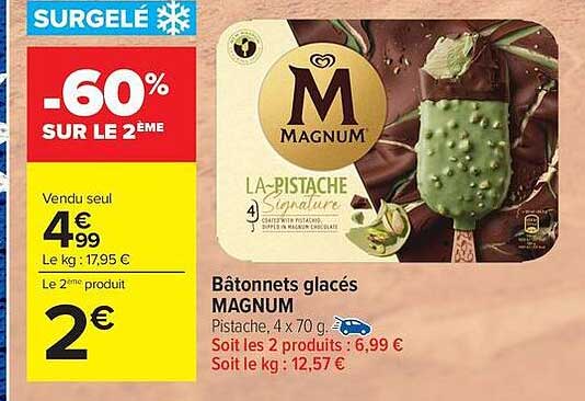 Bâtonnets glacés MAGNUM Pistache, 4 x 70 g