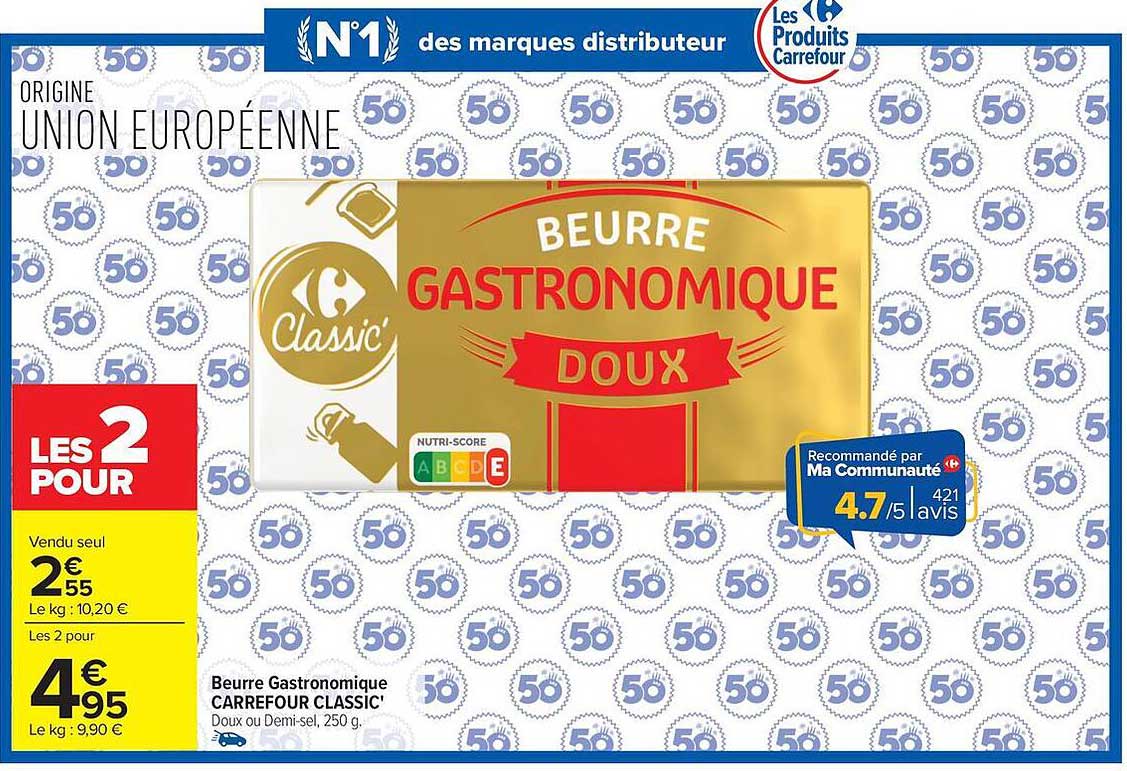 Beurre Gastronomique CARREFOUR CLASSIC' Doux ou Demi-sel, 250 g
