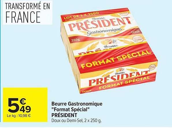 Beurre Gastronomique "Format Spécial" PRÉSIDENT Doux ou Demi-Sel, 2 x 250 g.