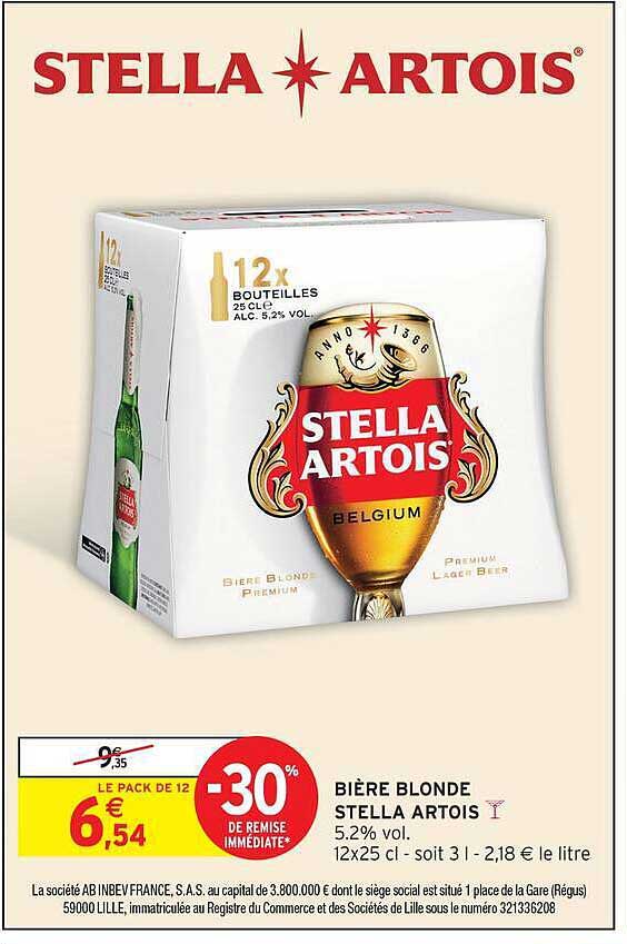BIERE BLONDE STELLA ARTOIS 5.2% vol. 12x25 cl - soit 3 l - 2,18 € le litre