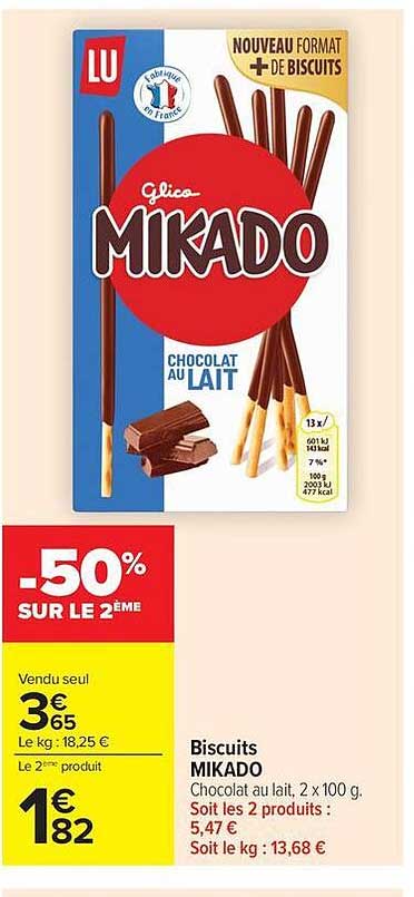 Biscuits MIKADO Chocolat au lait, 2 x 100 g. Soit les 2 produits : 5,47 € Soit le kg : 13,68 €