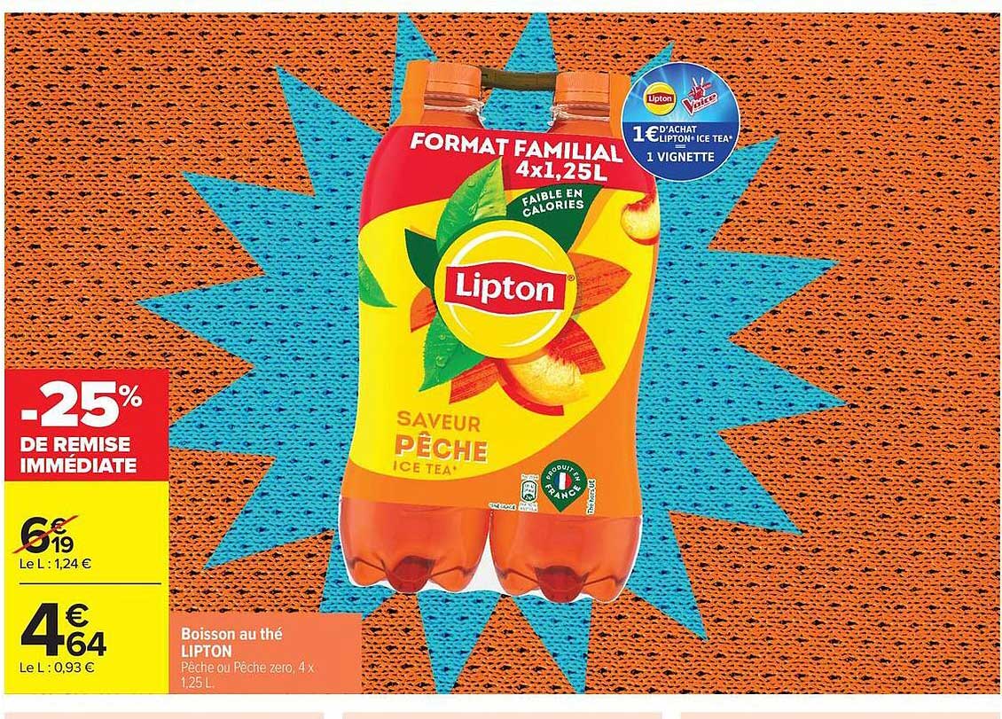 Boisson au thé LIPTON Pêche ou Pêche zero, 4 x 1,25 L