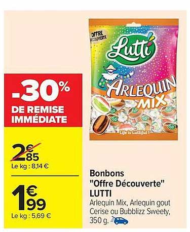 Bonbons "Offre Découverte" LUTTI Arlequin Mix, Arlequin gout Cerise ou Bubblizz Sweety, 350 g.