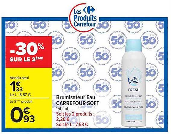 Brumisateur Eau CARREFOUR SOFT 150 ml. Soit les 2 produits : 2,26 € Soit le 1 : 7,53 €