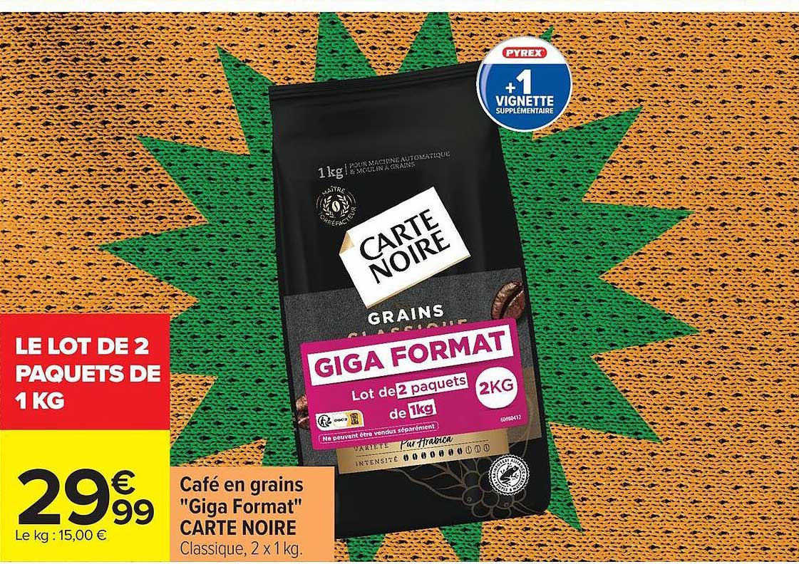 Café en grains "Giga Format" CARTE NOIRE Classique, 2 x 1 kg.