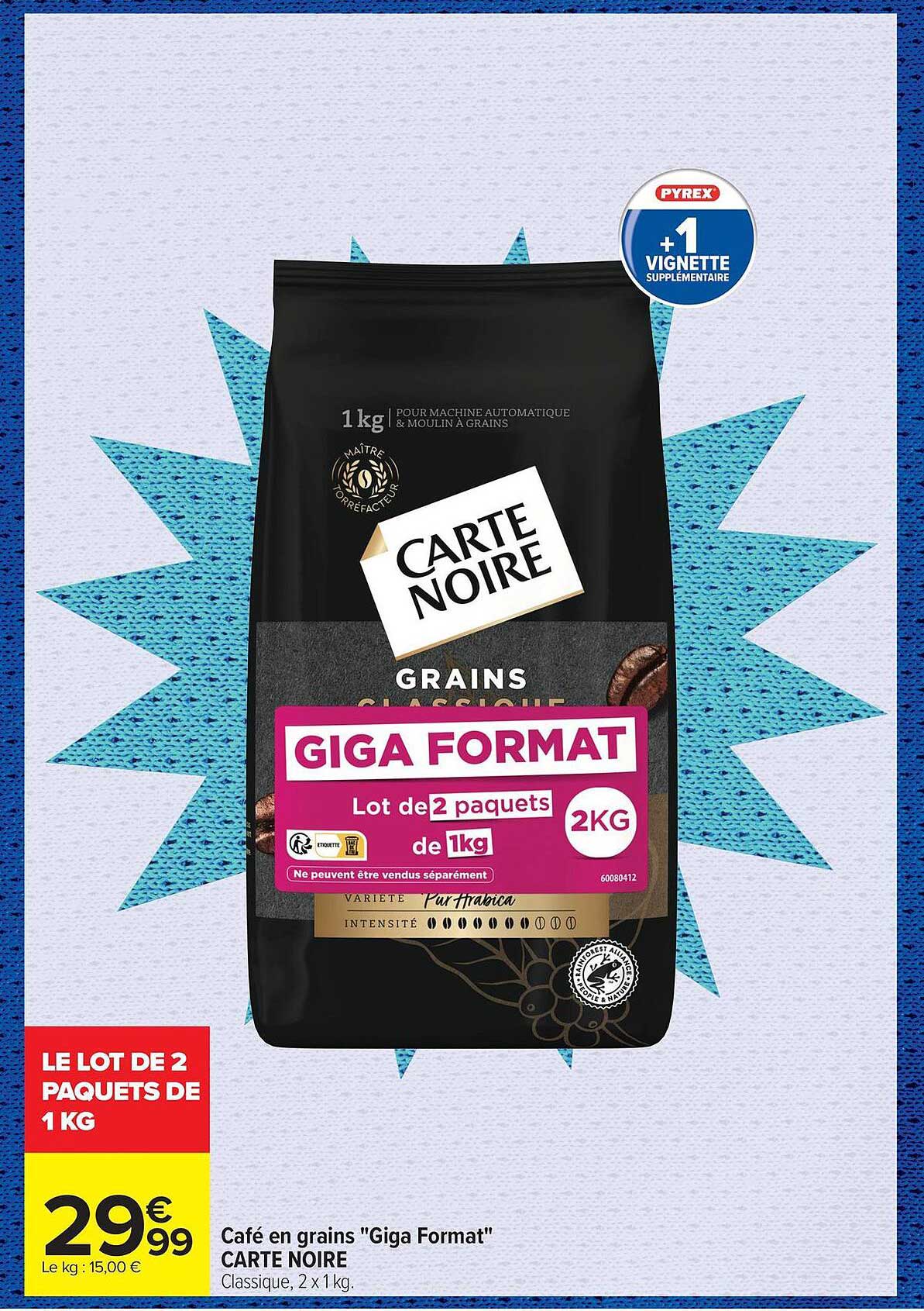Café en grains “Giga Format” CARTE NOIRE Classique, 2 x 1 kg