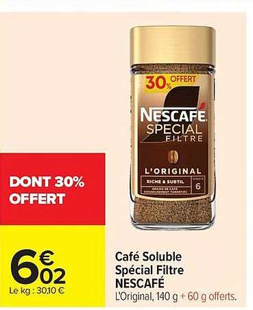 Café soluble Spécial Filtre NESCAFÉ L’Original, 140 g + 60 g offerts.