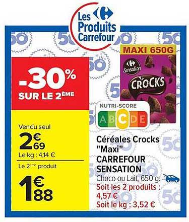 Céréales Crocks "Maxi" CARREFOUR SENSATION Choco ou Lait, 650 g