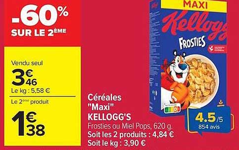 Céréales "Maxi" KELLOGG'S Frosties ou Miel Pops, 620 g