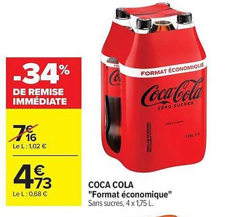 COCA COLA "Format économique" Sans sucres, 4 x 1,75 L.